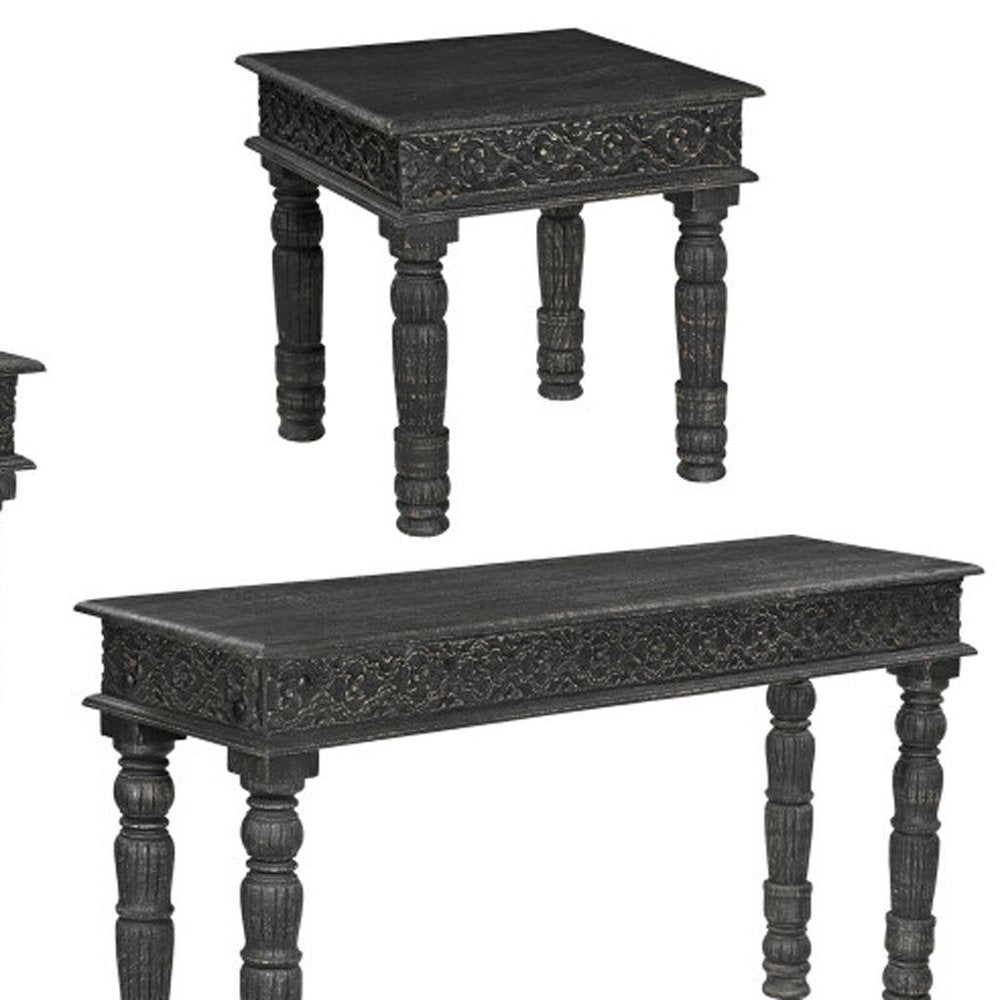 Set Of Three Black Solid Wood Distressed Coffee Table on a white background