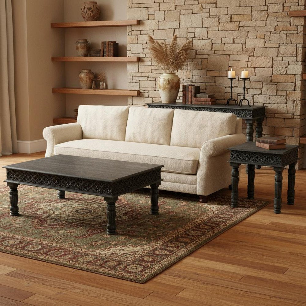 Set Of Three Black Solid Wood Distressed Coffee Table