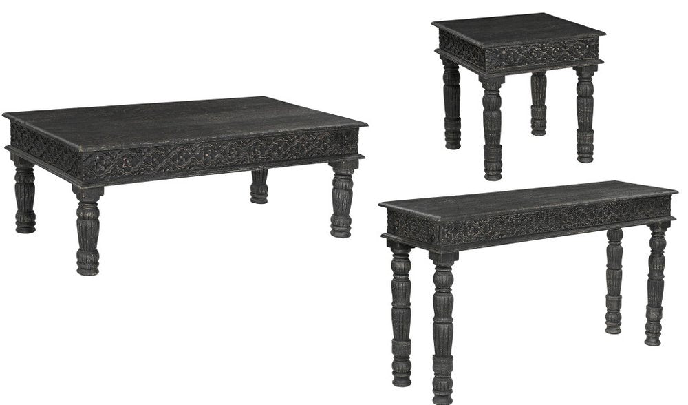 Set Of Three Black Solid Wood Distressed Coffee Table on a white background