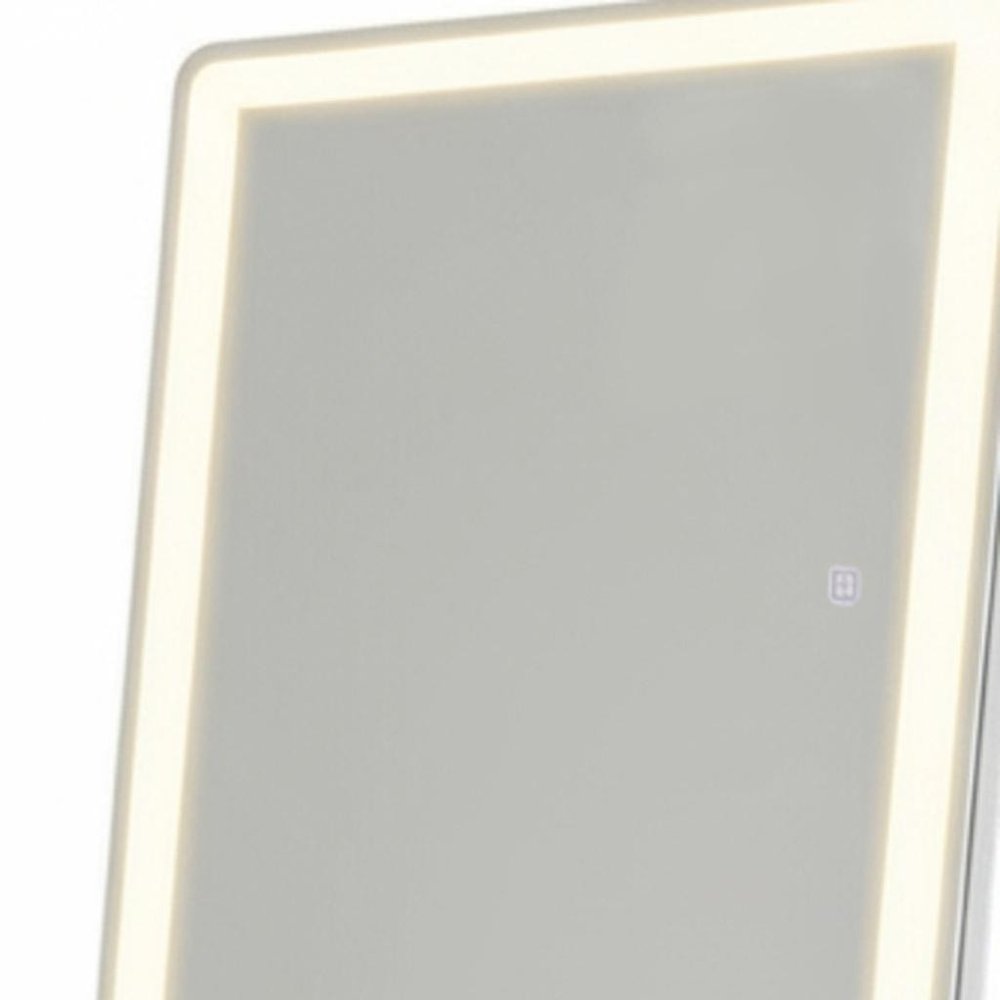 A close-up of a frameless full-length mirror with a built-in LED light strip and a small power button icon.