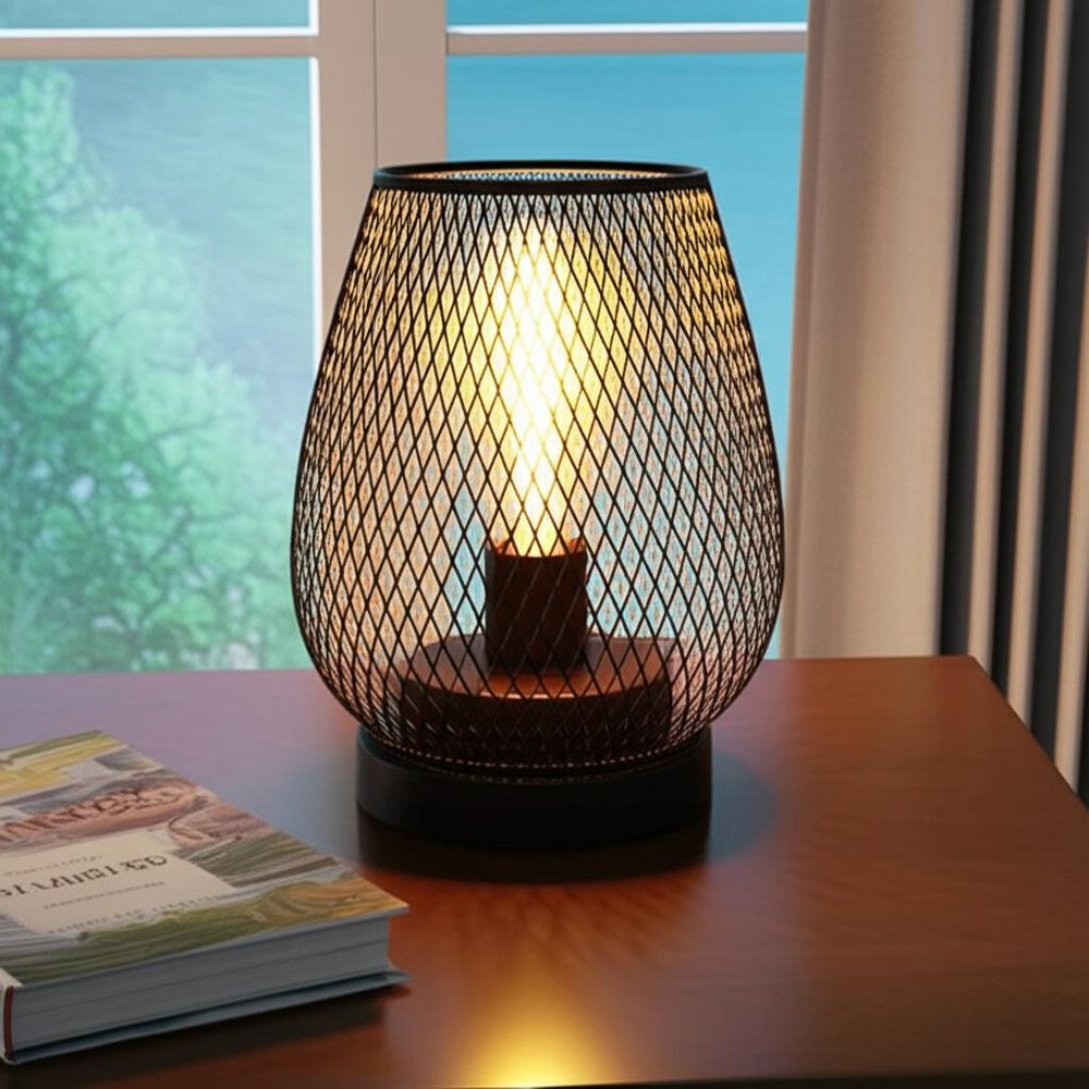 7" Black Battery Operated Novelty Bedside Lamp With Pierced Cone Shade
