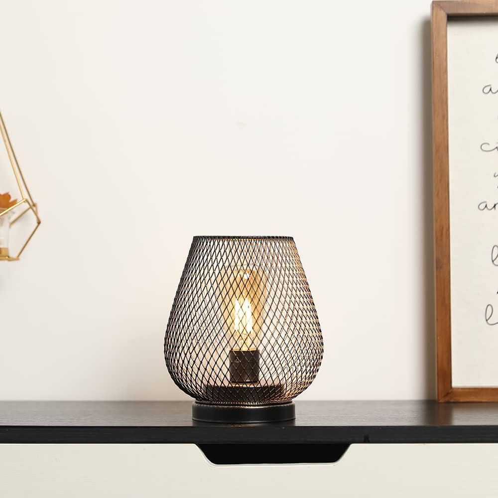 7" Black Battery Operated Novelty Bedside Lamp With Pierced Cone Shade