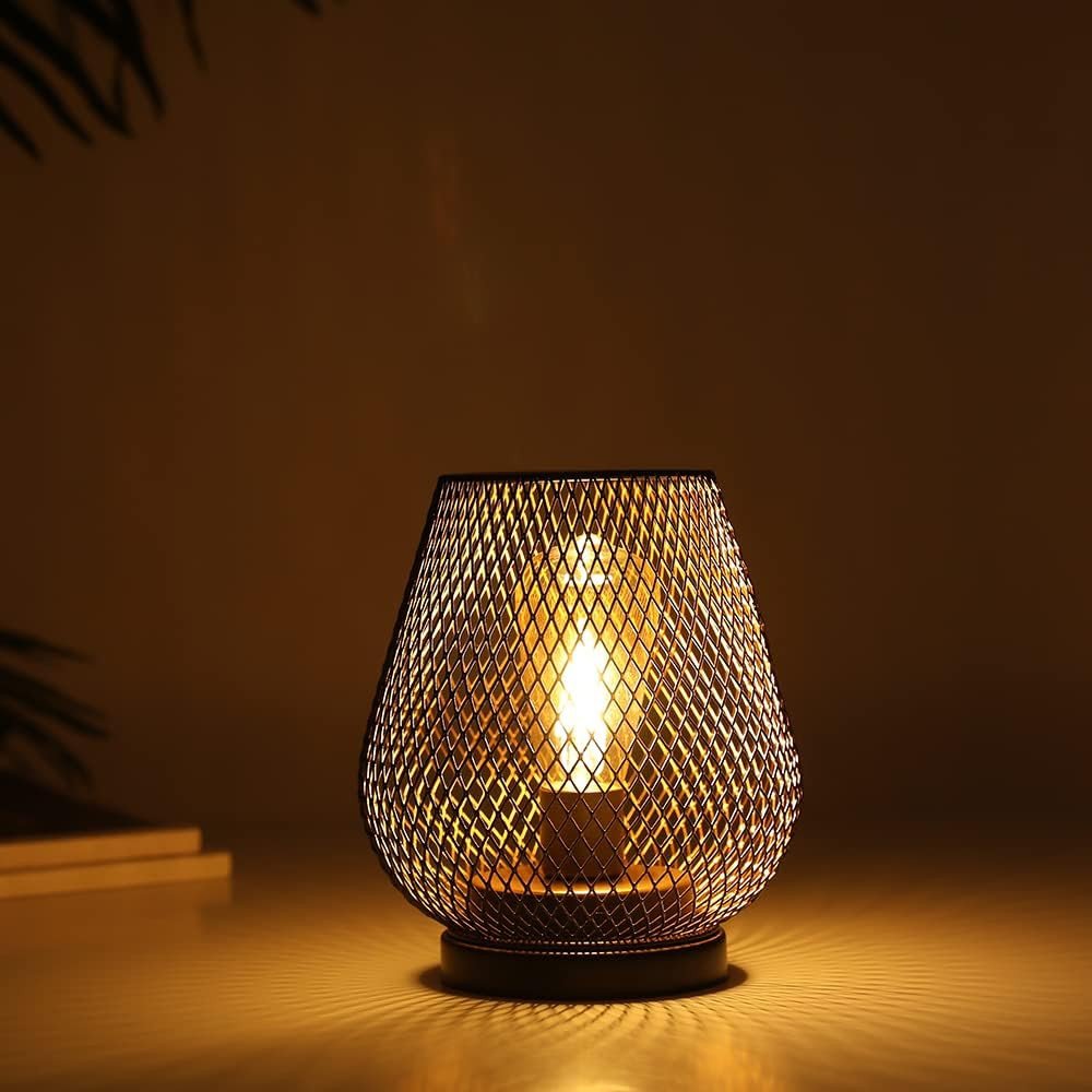 7" Black Battery Operated Novelty Bedside Lamp With Pierced Cone Shade
