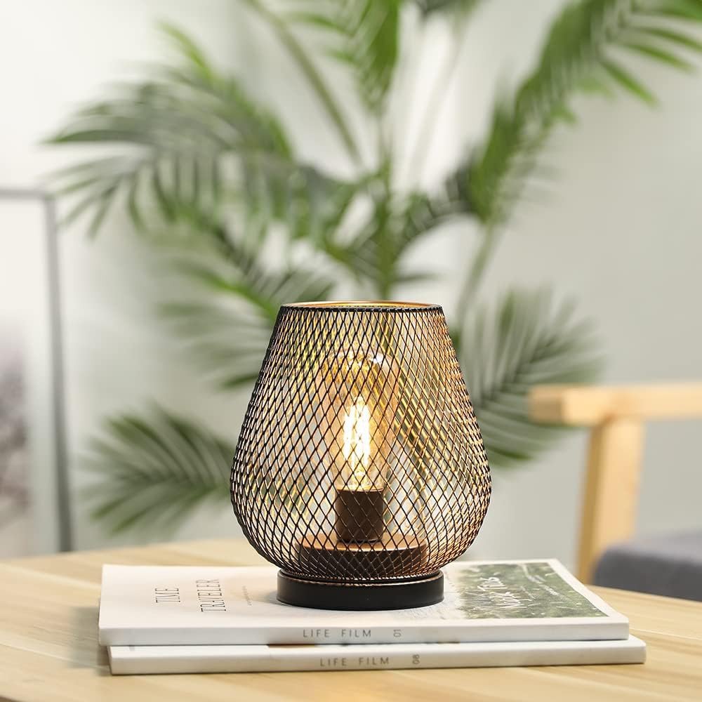 7" Black Battery Operated Novelty Bedside Lamp With Pierced Cone Shade