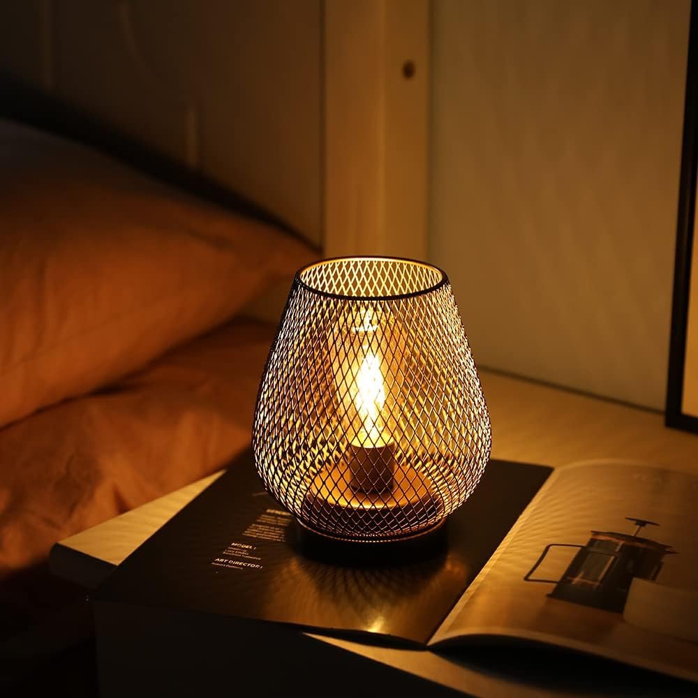 7" Black Battery Operated Novelty Bedside Lamp With Pierced Cone Shade