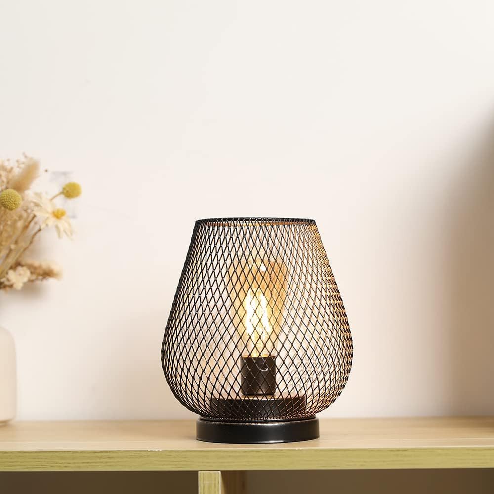 7" Black Battery Operated Novelty Bedside Lamp With Pierced Cone Shade