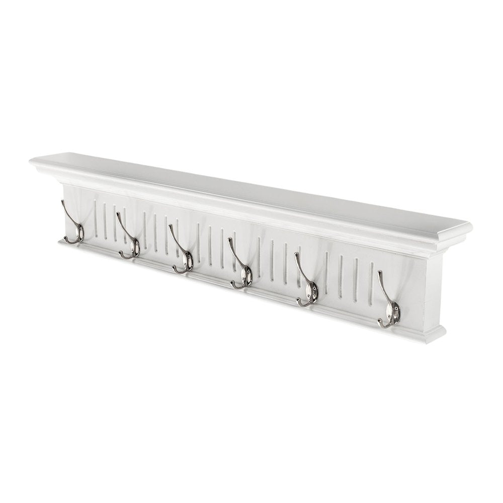 Six Hook 39" White Solid Wood Wall Mount Coat Rack - with Six Sturdy Hooks on a white background