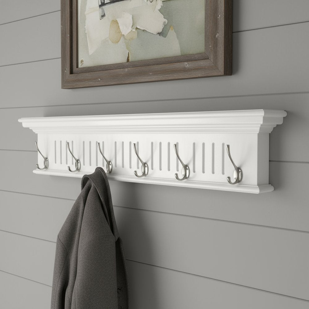 Six Hook 39" White Solid Wood Wall Mount Coat Rack - with Six Sturdy Hooks close-up detail