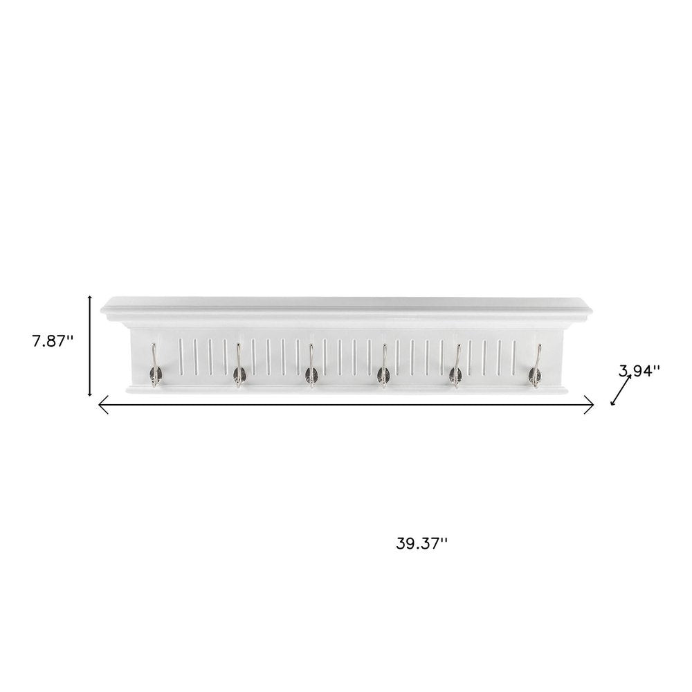 Six Hook 39" White Solid Wood Wall Mount Coat Rack - with Six Sturdy Hooks on a white background