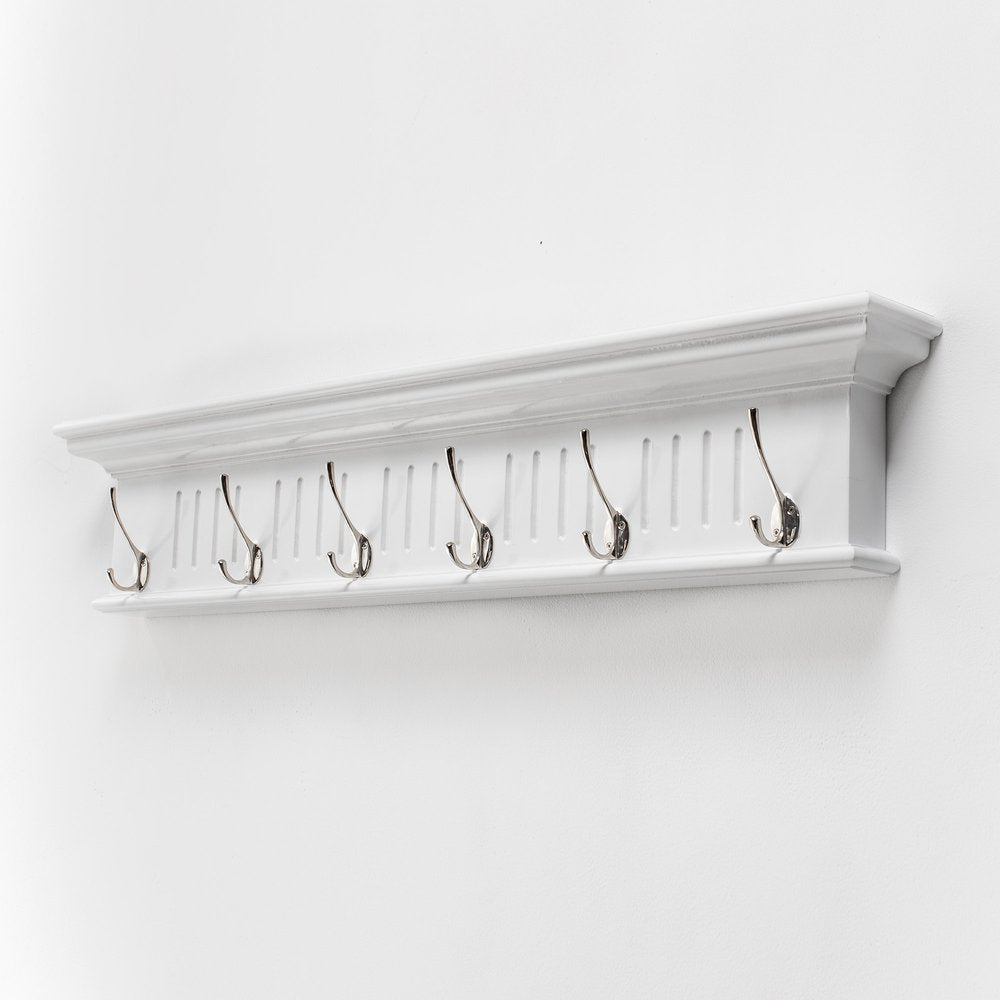 Six Hook 39" White Solid Wood Wall Mount Coat Rack - with Six Sturdy Hooks