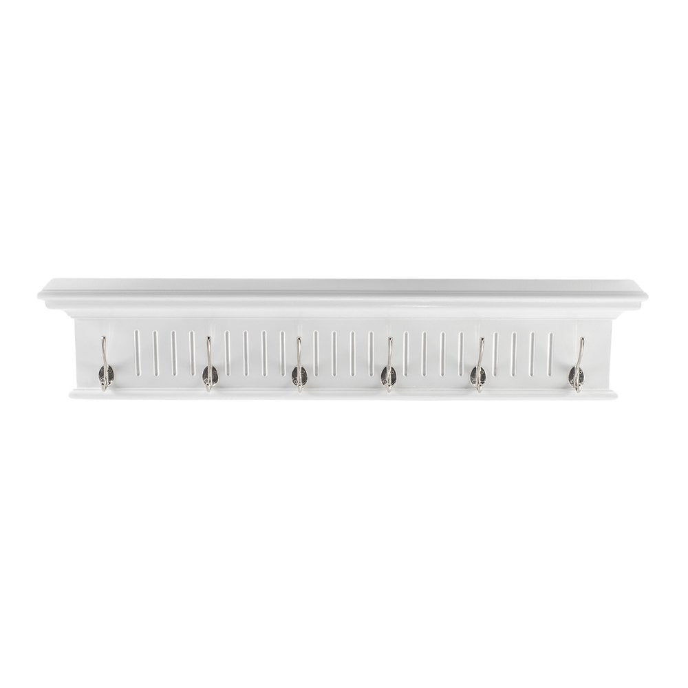 Six Hook 39" White Solid Wood Wall Mount Coat Rack - with Six Sturdy Hooks on a white background