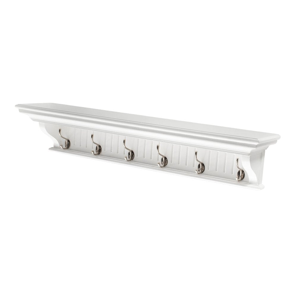Six Hook 39" White Solid Wood Wall Mount Coat Rack - with Six Hooks on a white background