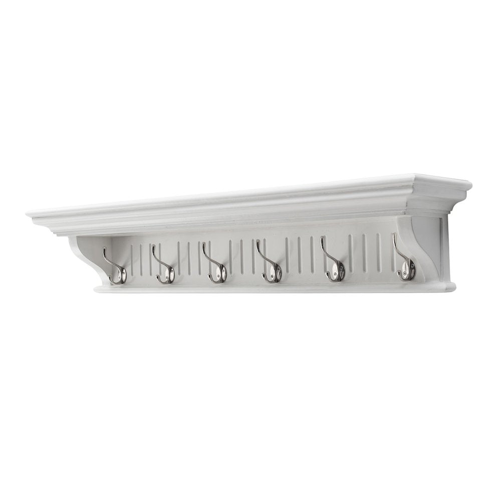 Six Hook 39" White Solid Wood Wall Mount Coat Rack - with Six Hooks on a white background