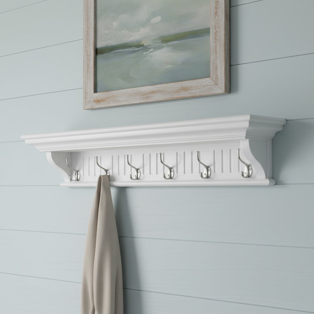Six Hook 39" White Solid Wood Wall Mount Coat Rack - with Six Hooks on a white background