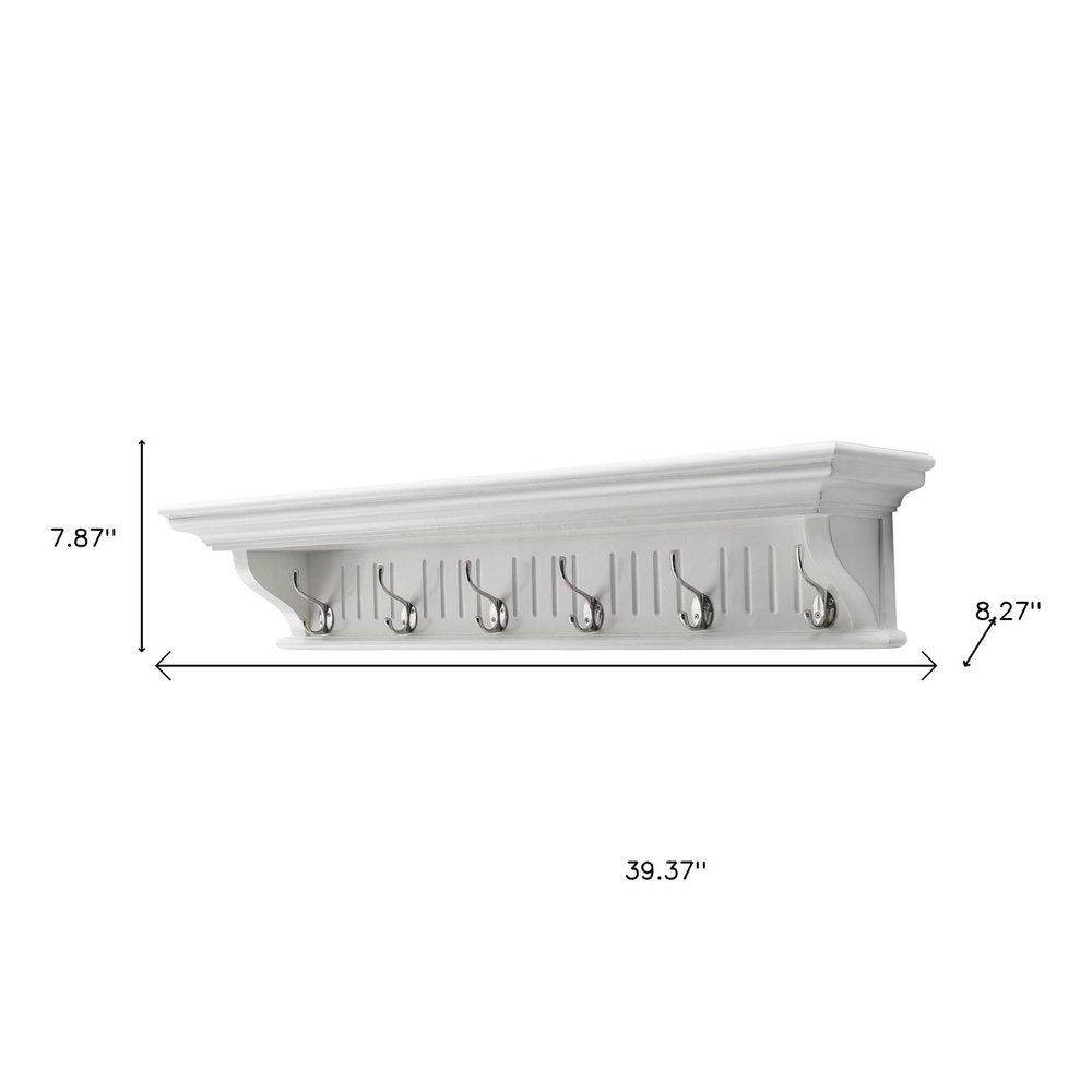 Six Hook 39" White Solid Wood Wall Mount Coat Rack - with Six Hooks on a white background