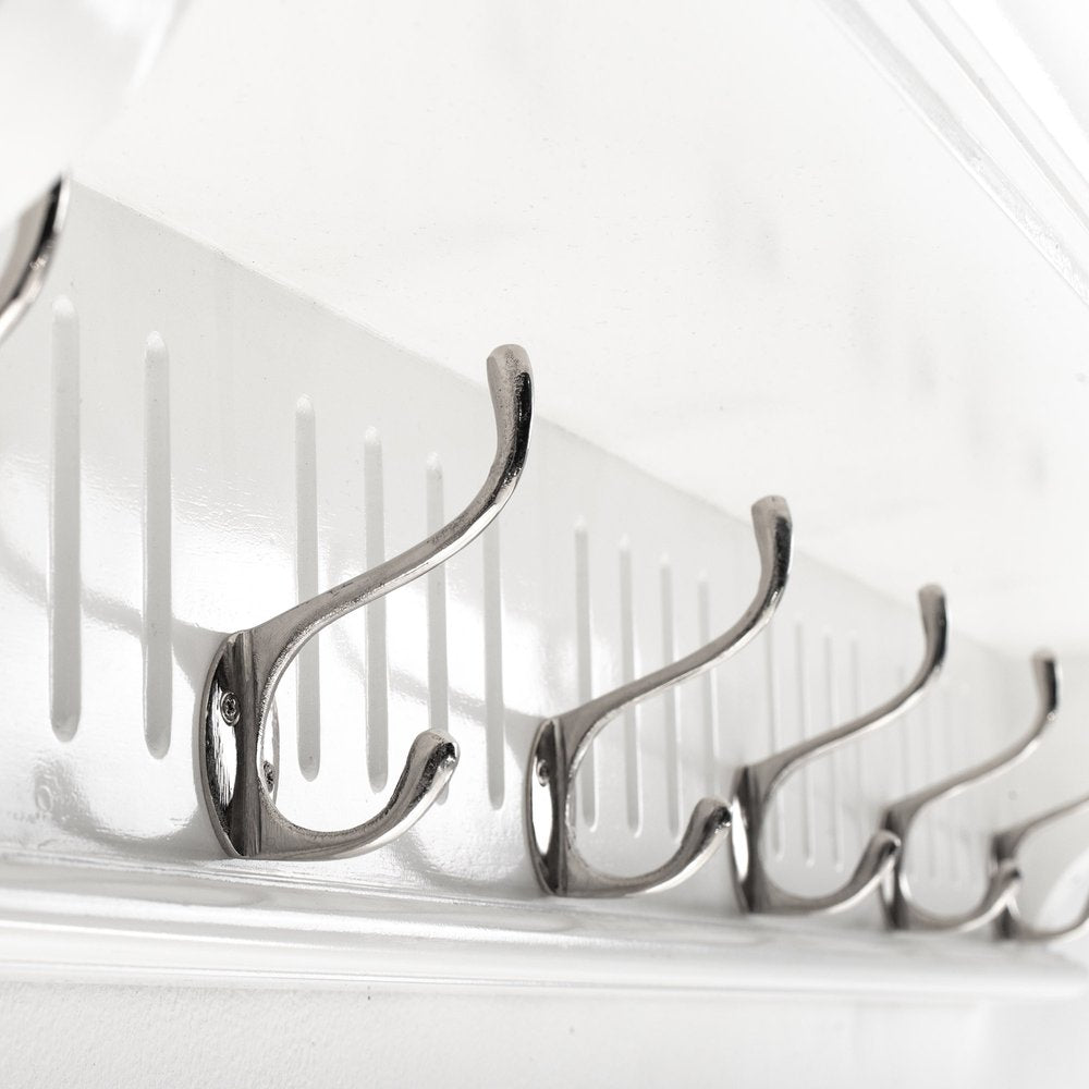 Six Hook 39" White Solid Wood Wall Mount Coat Rack - with Six Hooks on a white background