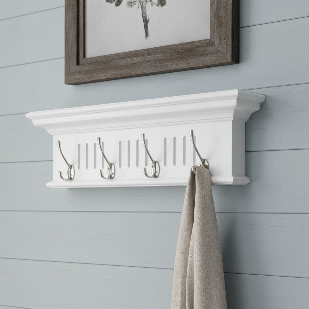 Four Hook 28" White Solid Wood Wall Mount Coat Rack on a white background
