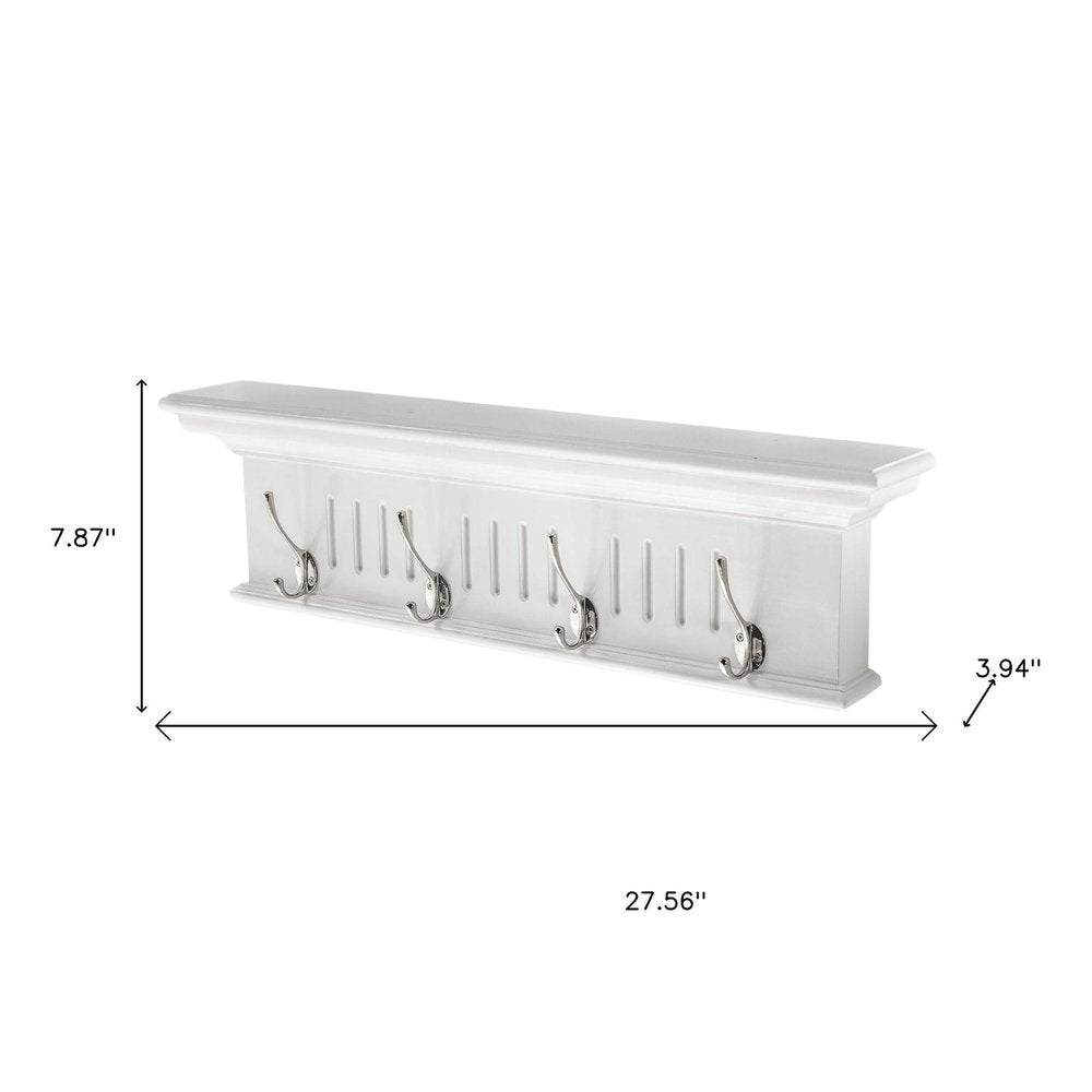 Four Hook 28" White Solid Wood Wall Mount Coat Rack on a white background