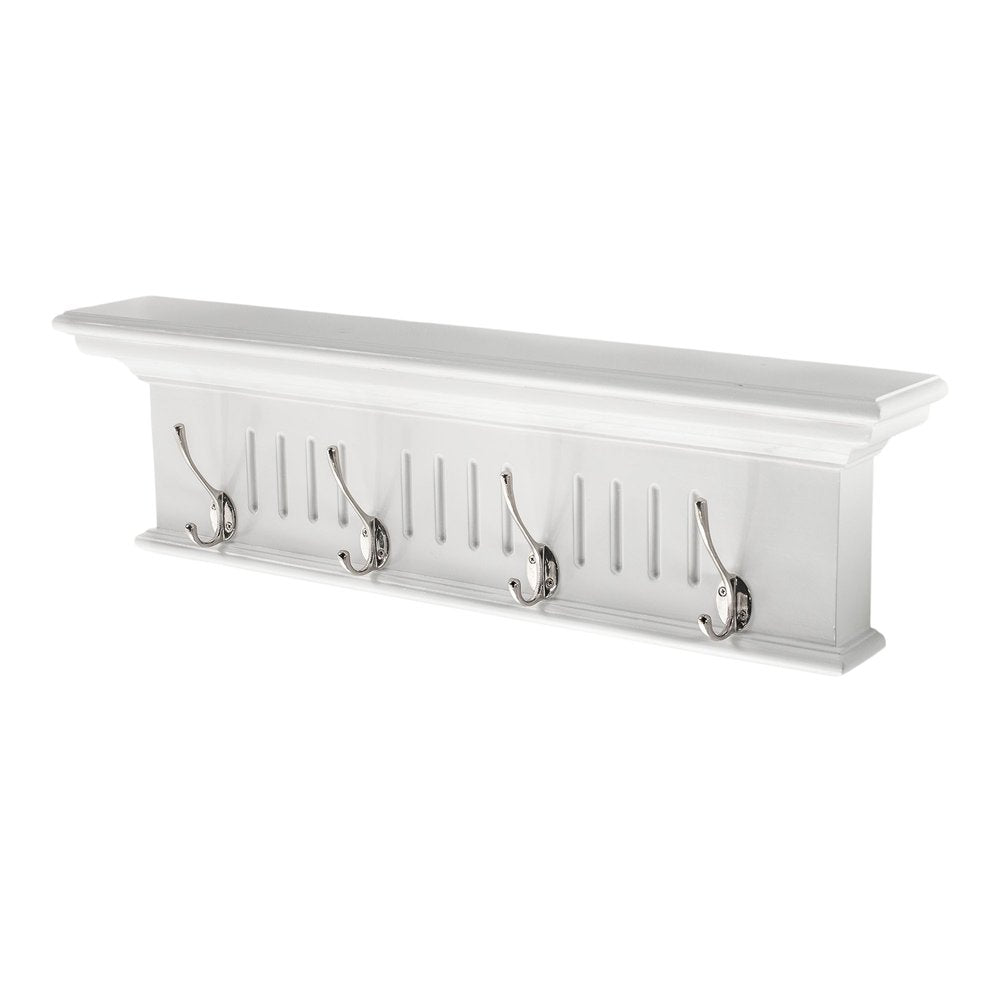 Four Hook 28" White Solid Wood Wall Mount Coat Rack - 7.87" H x 27.56" W x 3.94" D