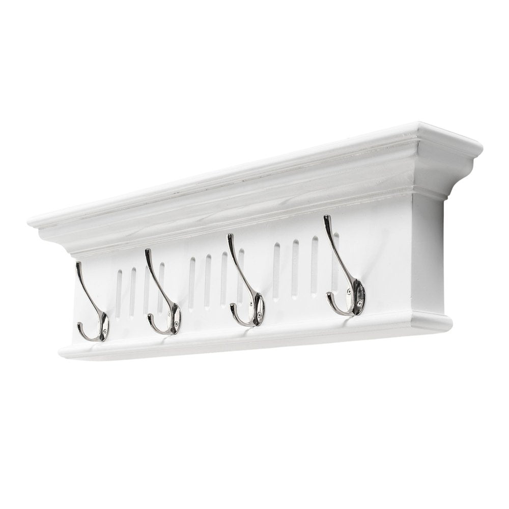 Four Hook 28" White Solid Wood Wall Mount Coat Rack on a white background