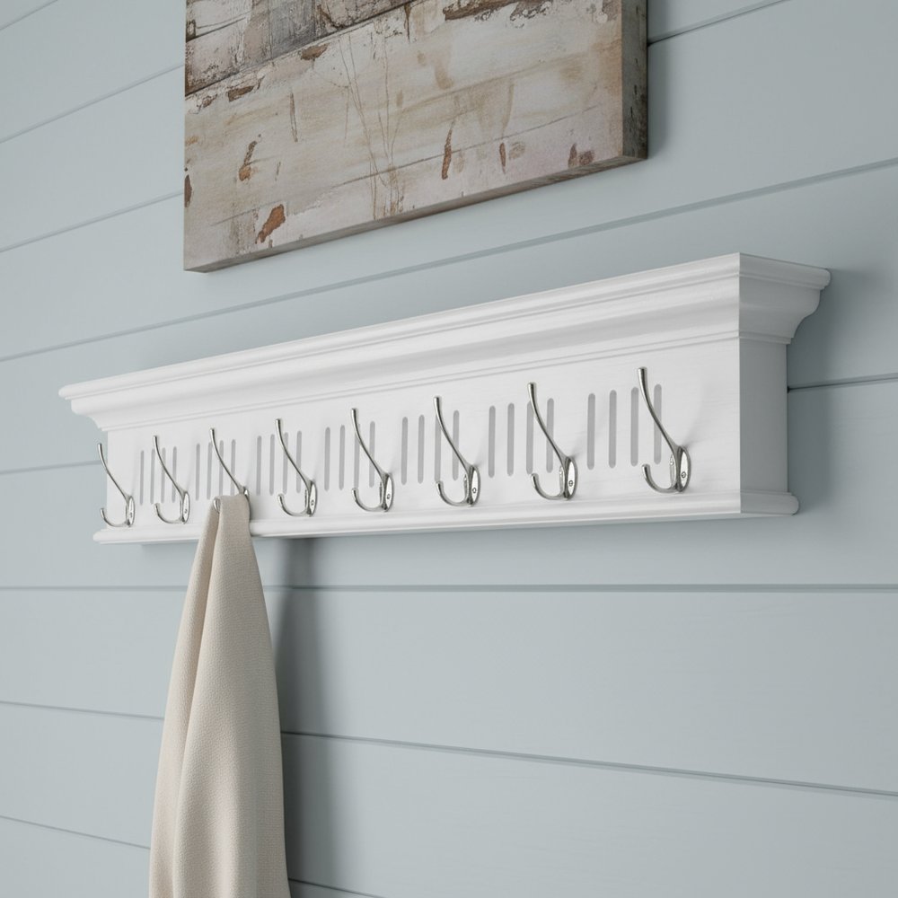 Eight Hook 51" White Solid Wood Wall Mount Coat Rack - with White Finish on a white background