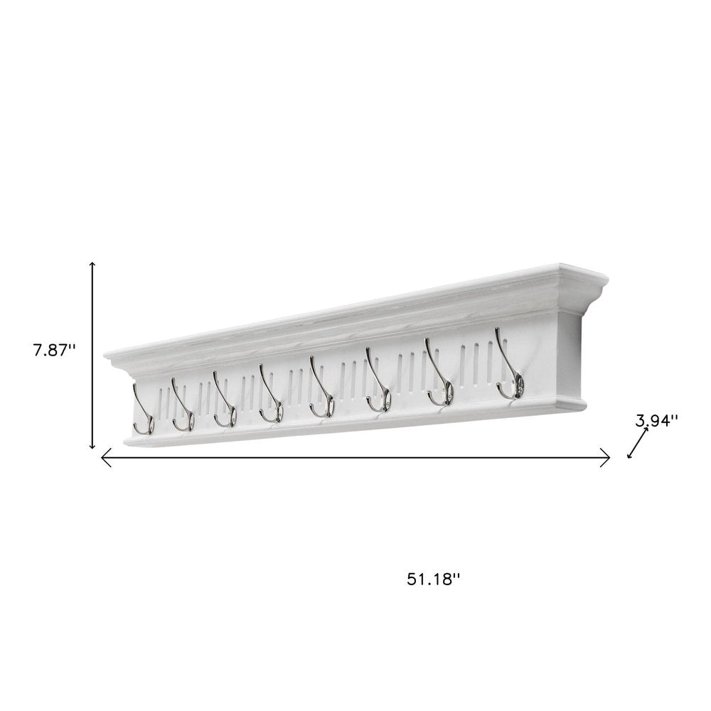 Eight Hook 51" White Solid Wood Wall Mount Coat Rack - with White Finish on a white background