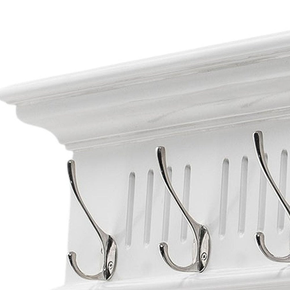 Eight Hook 51" White Solid Wood Wall Mount Coat Rack - with White Finish on a white background