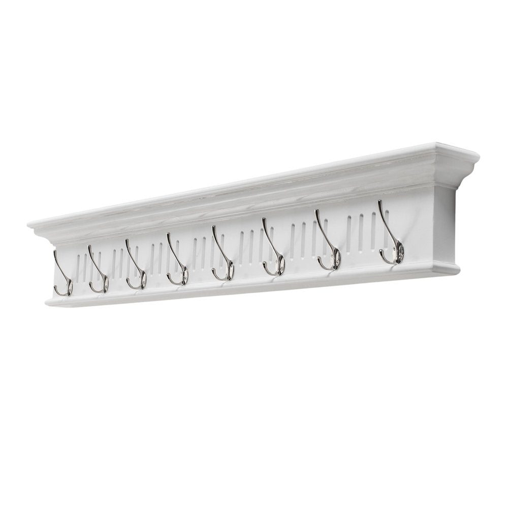 Eight Hook 51" White Solid Wood Wall Mount Coat Rack - with White Finish on a white background