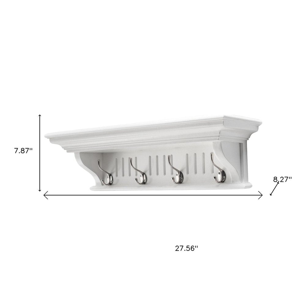 Four Hook 28" White Solid Wood Wall Mount Coat Rack on a white background