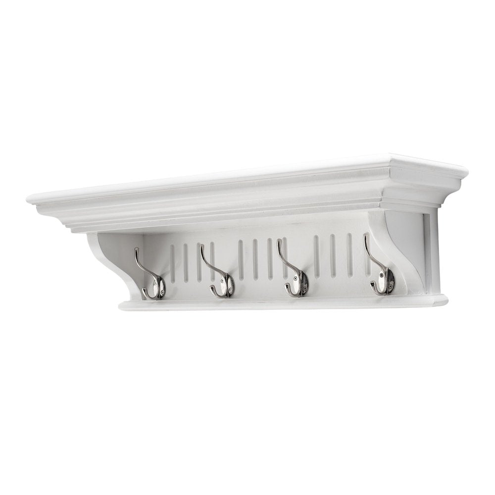 Four Hook 28" White Solid Wood Wall Mount Coat Rack on a white background