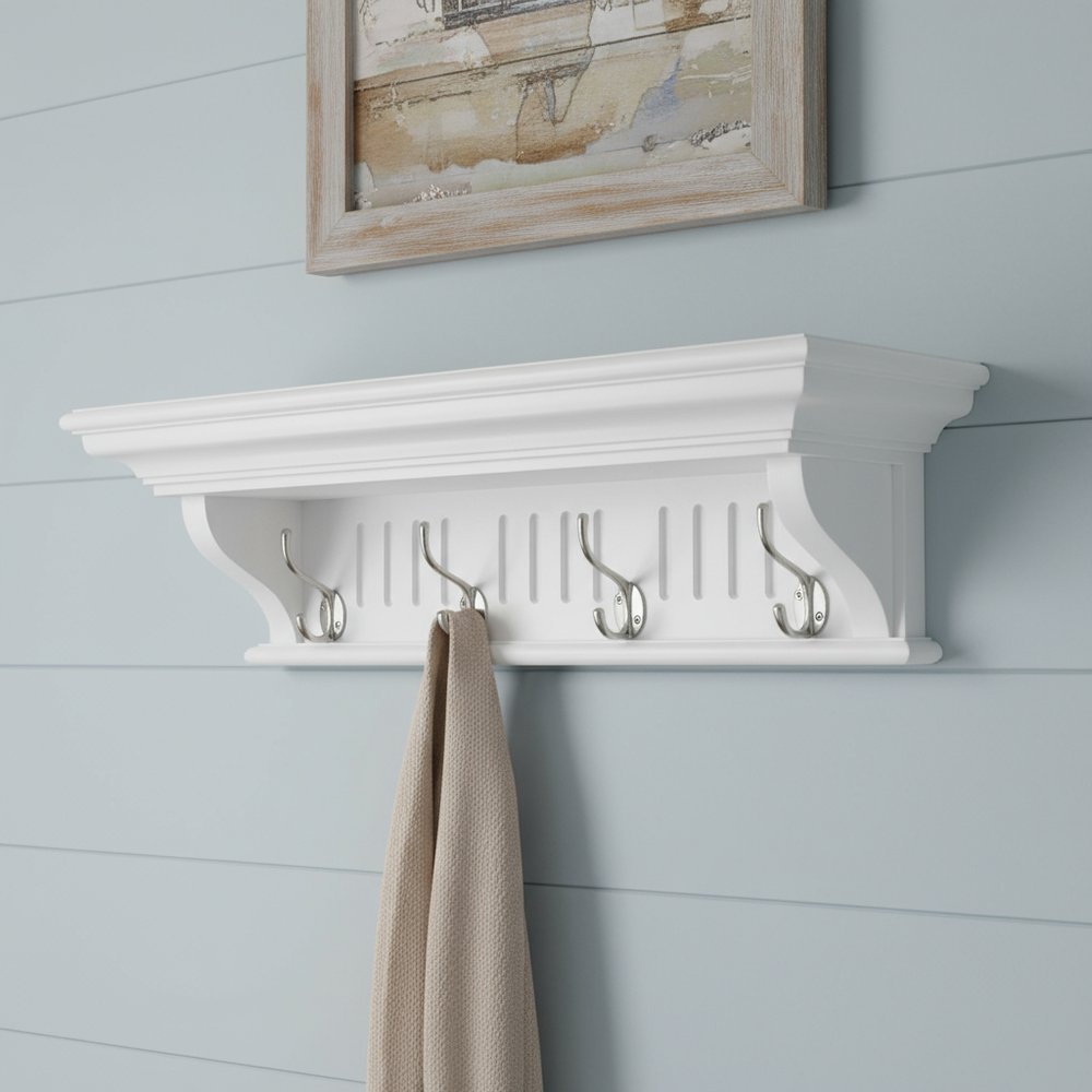Four Hook 28" White Solid Wood Wall Mount Coat Rack on a white background
