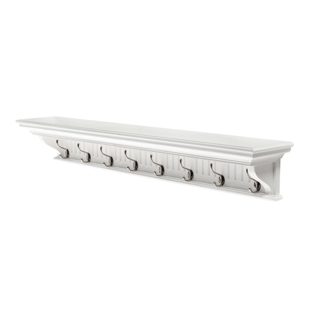 Eight Hook 51" White Solid Wood Wall Mount Coat Rack - 7.87" H x 51.18" W x 8.27" D on a white background