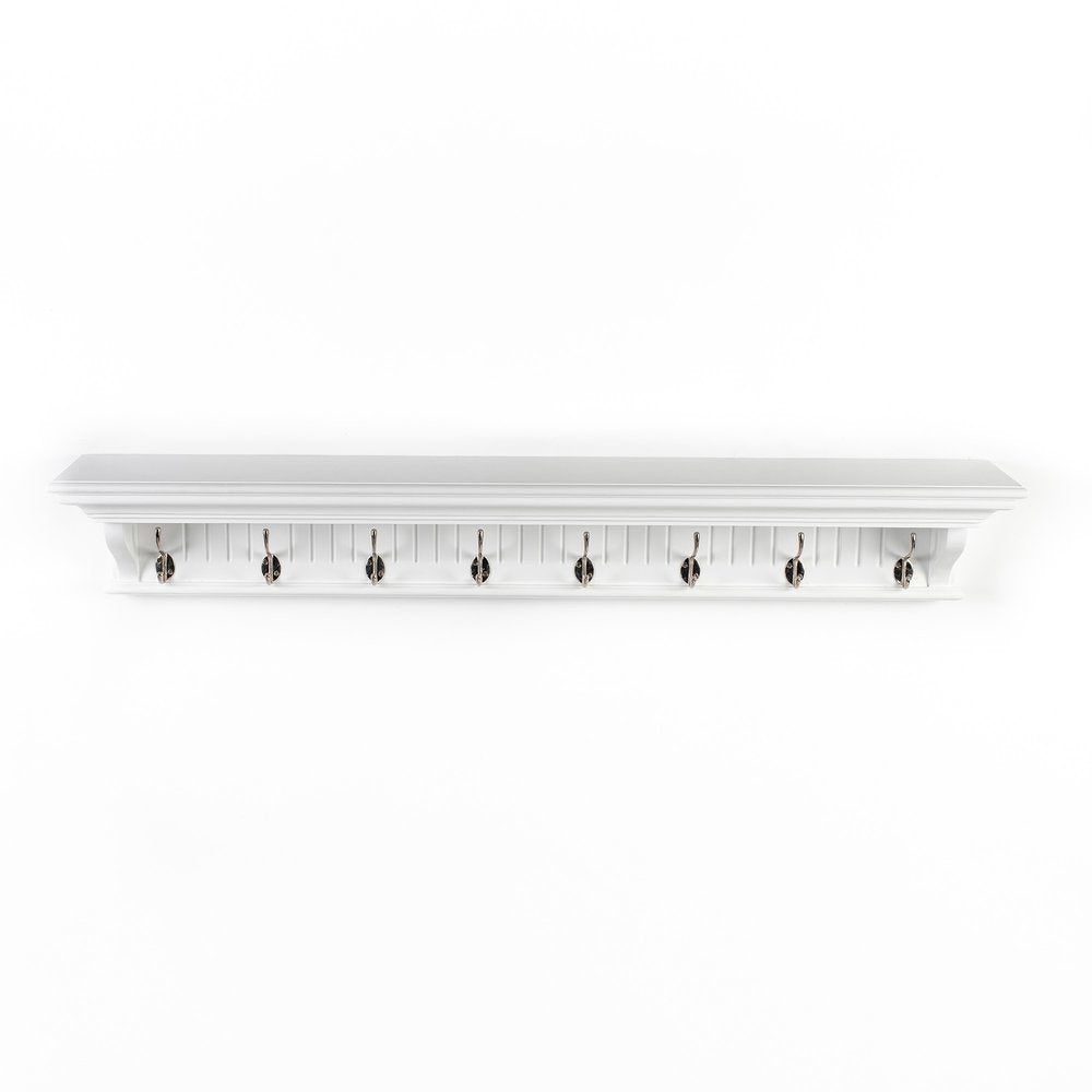 Eight Hook 51" White Solid Wood Wall Mount Coat Rack - 7.87" H x 51.18" W x 8.27" D on a white background