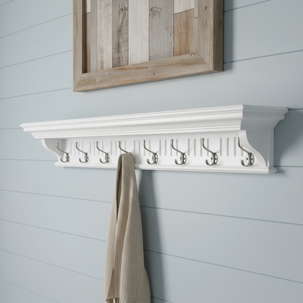 Eight Hook 51" White Solid Wood Wall Mount Coat Rack - 7.87" H x 51.18" W x 8.27" D on a white background