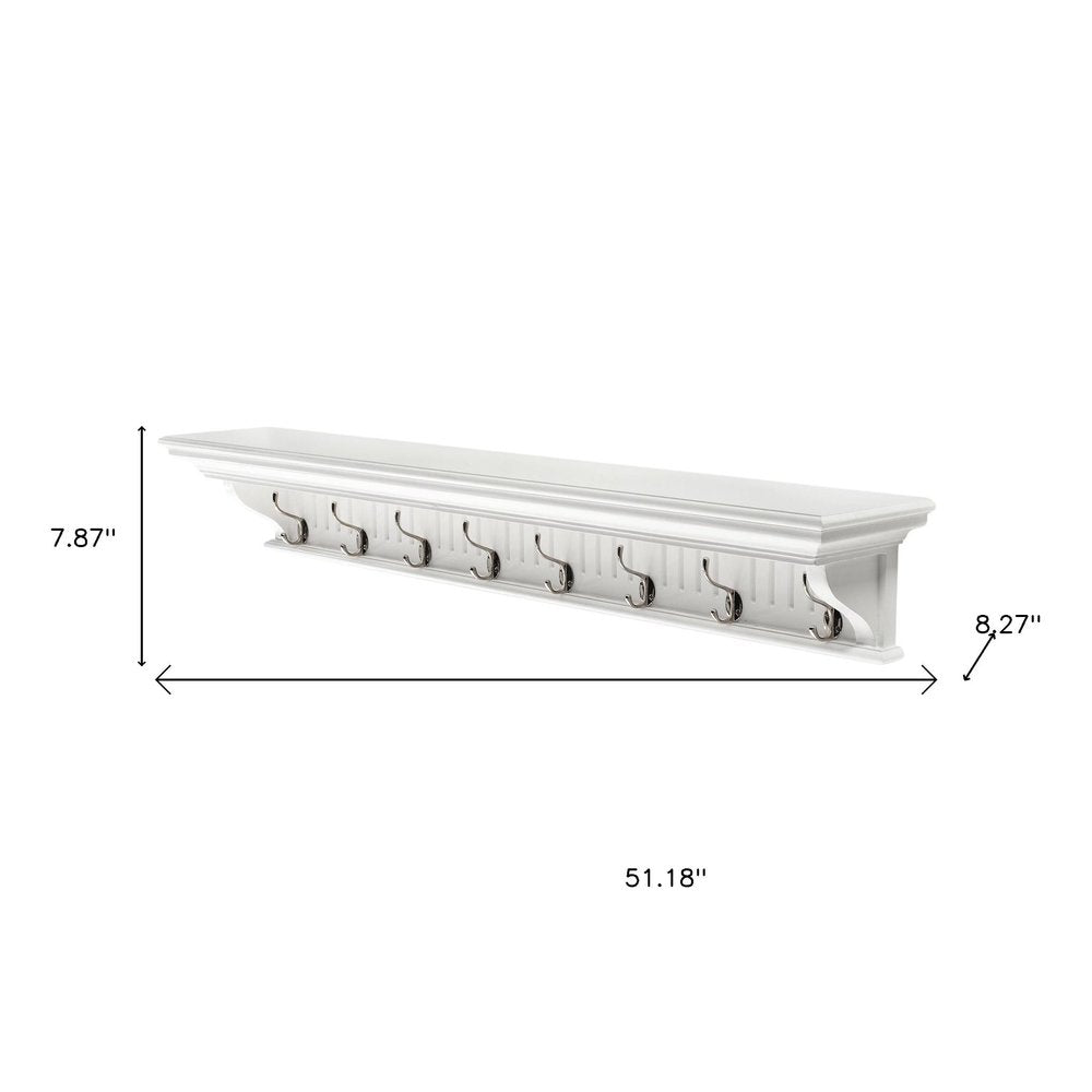 Eight Hook 51" White Solid Wood Wall Mount Coat Rack - 7.87" H x 51.18" W x 8.27" D on a white background