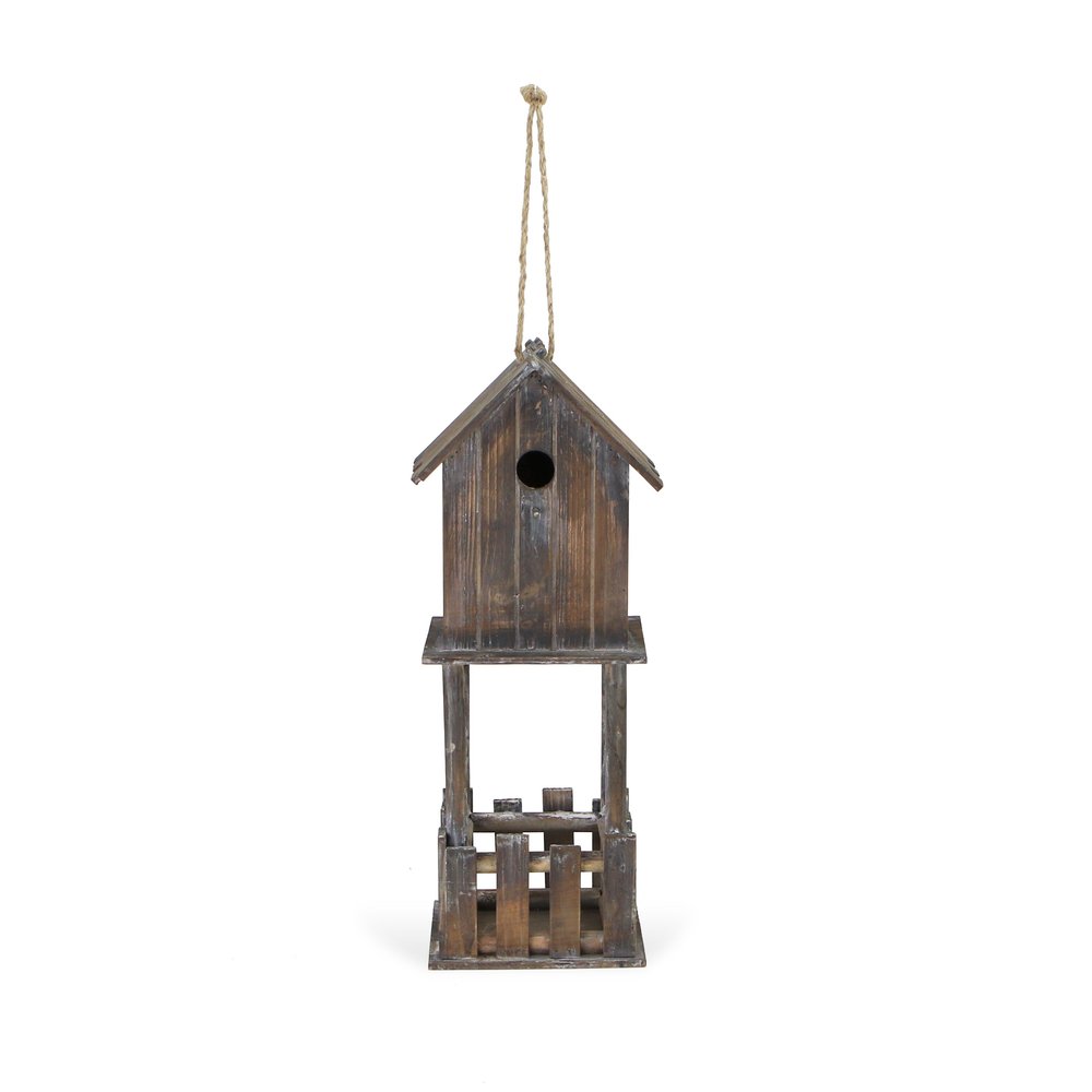23" Brown Wood House Hand Painted Decorative Bird House. Outdoor bird accessorie isolated on a plain white background, finished in brown wood.