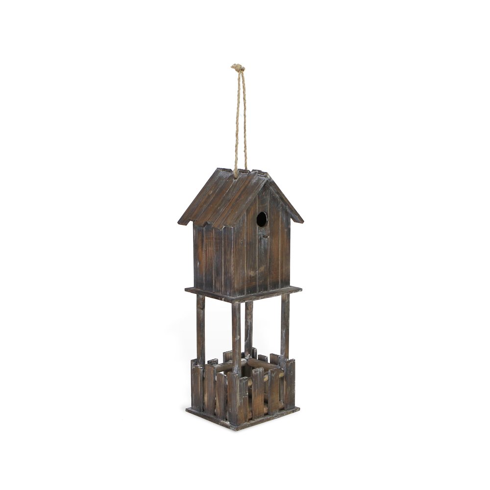 23" Brown Wood House Hand Painted Decorative Bird House. Outdoor bird accessorie isolated on a plain white background, in a brown wood finish.