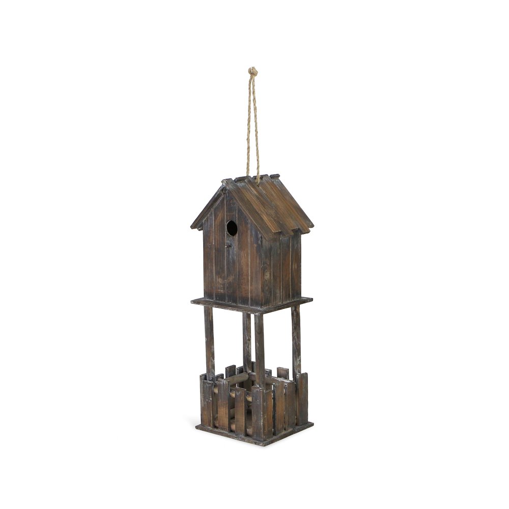 23" Brown Wood House Hand Painted Decorative Bird House. Outdoor bird accessorie isolated on a plain white background, finished in brown wood.