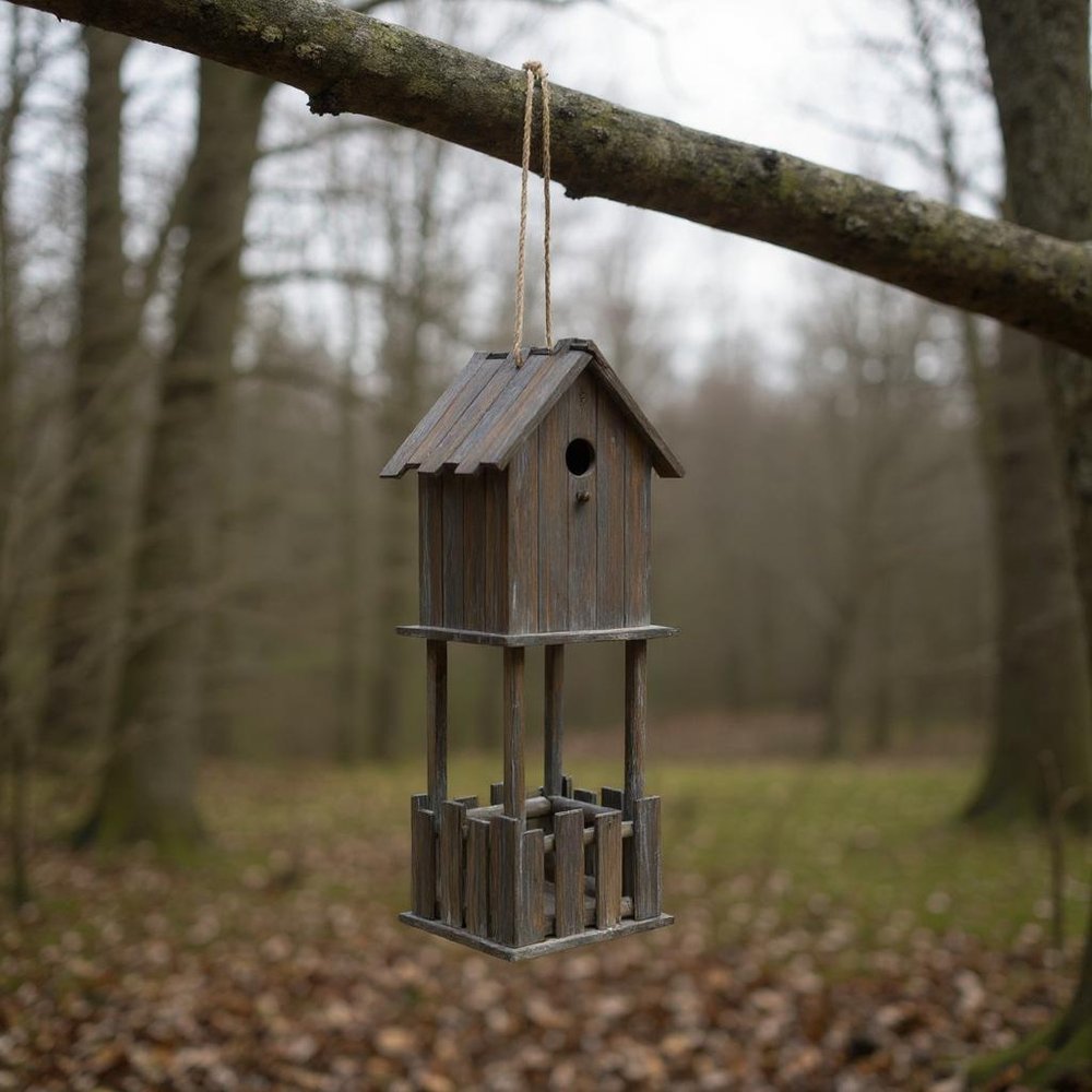 23" Brown Wood House Hand Painted Decorative Bird House styled in a furnished interior with a dark brown wall on a dark wood floor.