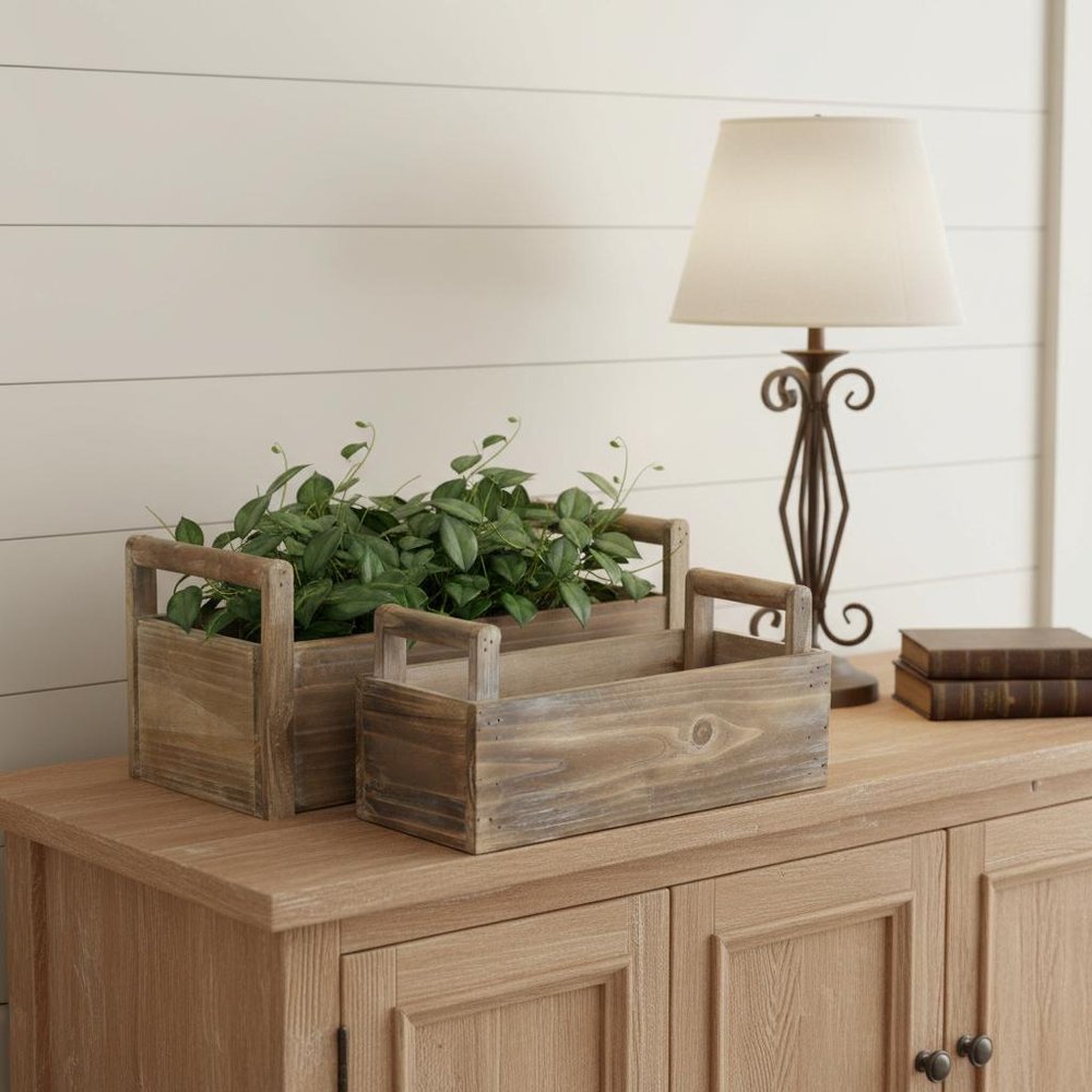 Set of Two Brown Wood 200 Ounce Rectangular Distressed Planter Boxes in a home interior