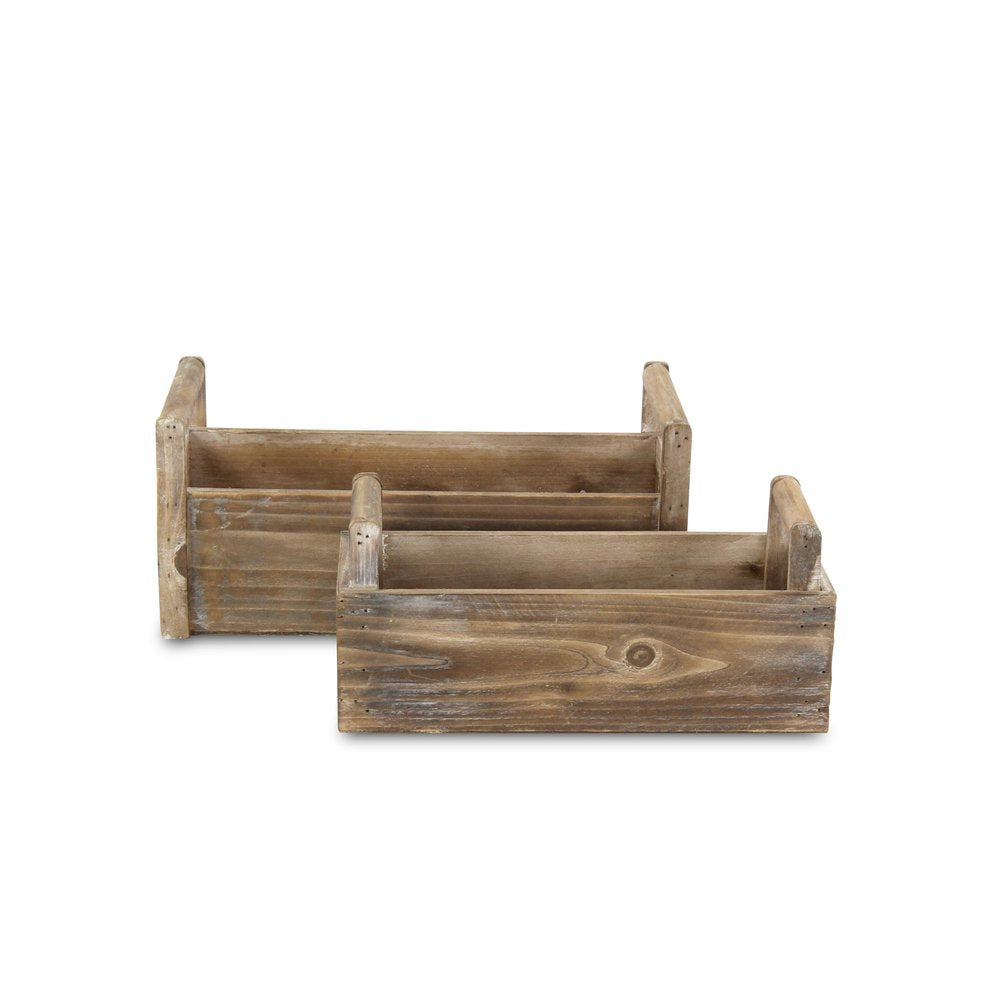 Set of Two Brown Wood 200 Ounce Rectangular Distressed Planter Boxes on a white background