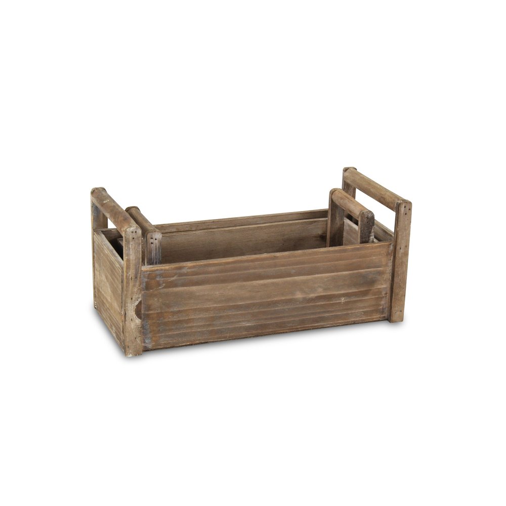 Set of Two Brown Wood 200 Ounce Rectangular Distressed Planter Boxes on a white background