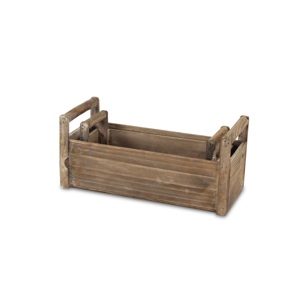 Set of Two Brown Wood 200 Ounce Rectangular Distressed Planter Boxes on a white background