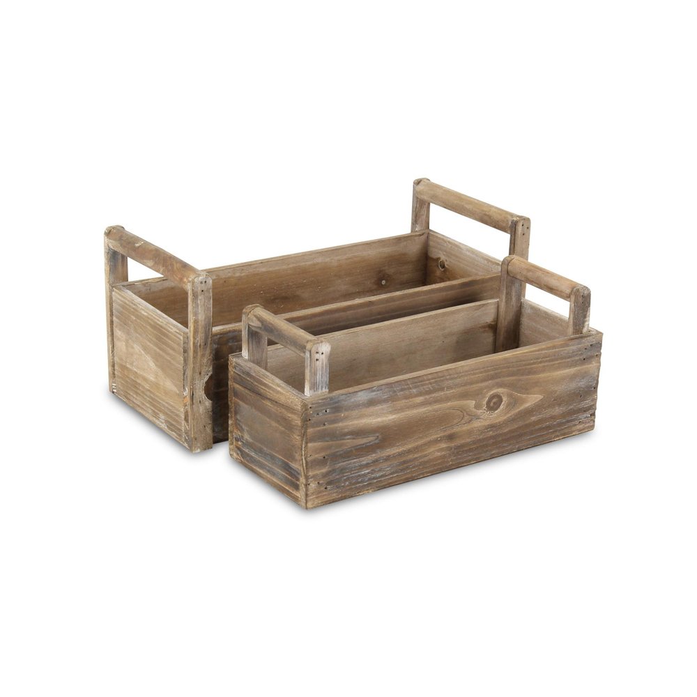 Set of Two Brown Wood 200 Ounce Rectangular Distressed Planter Boxes on a white background