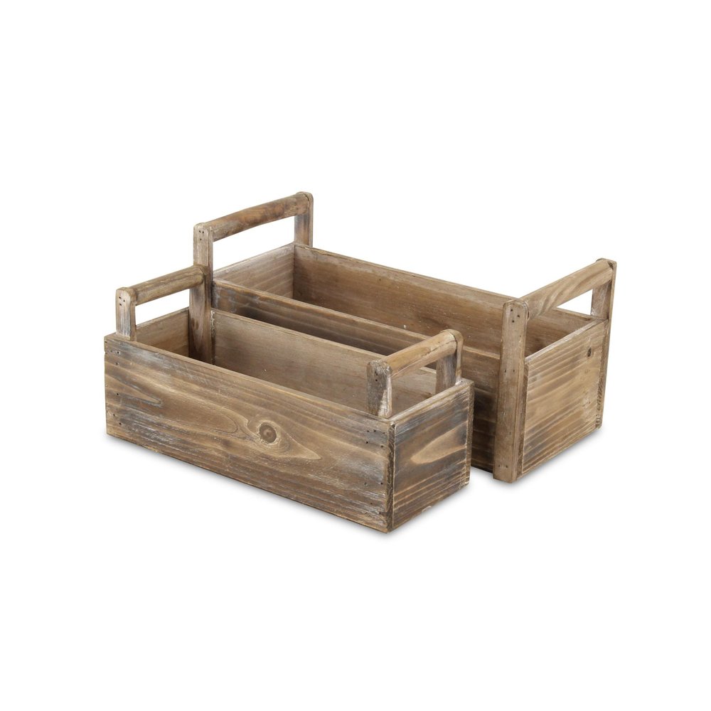 Set of Two Brown Wood 200 Ounce Rectangular Distressed Planter Boxes on a white background