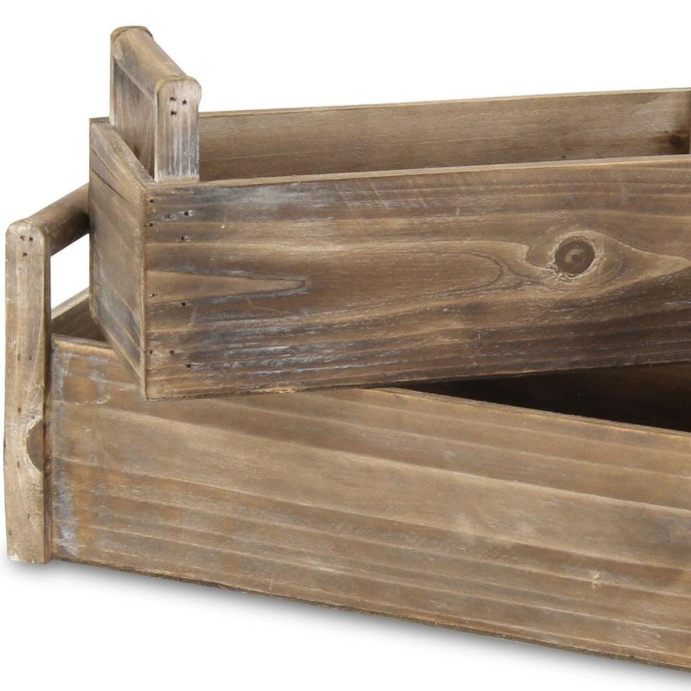 Set of Two Brown Wood 200 Ounce Rectangular Distressed Planter Boxes on a white background