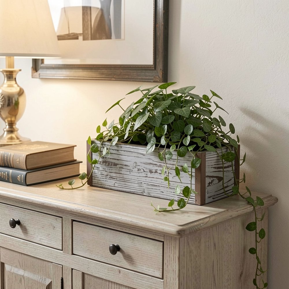 Gray Wood 98 Ounce Rectangular Distressed Planter Box in a home interior