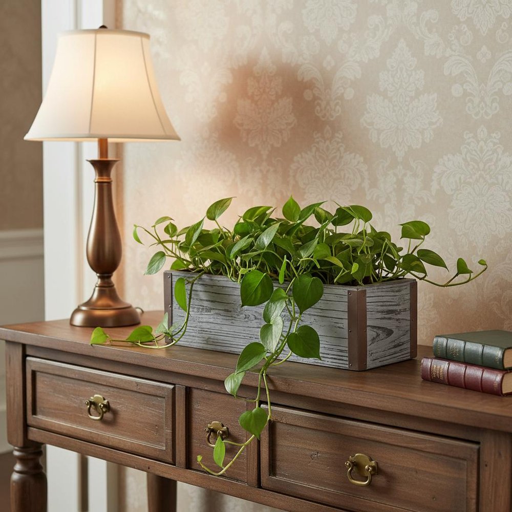 Gray Wood 151 Ounce Rectangular Distressed Planter Box in a home interior