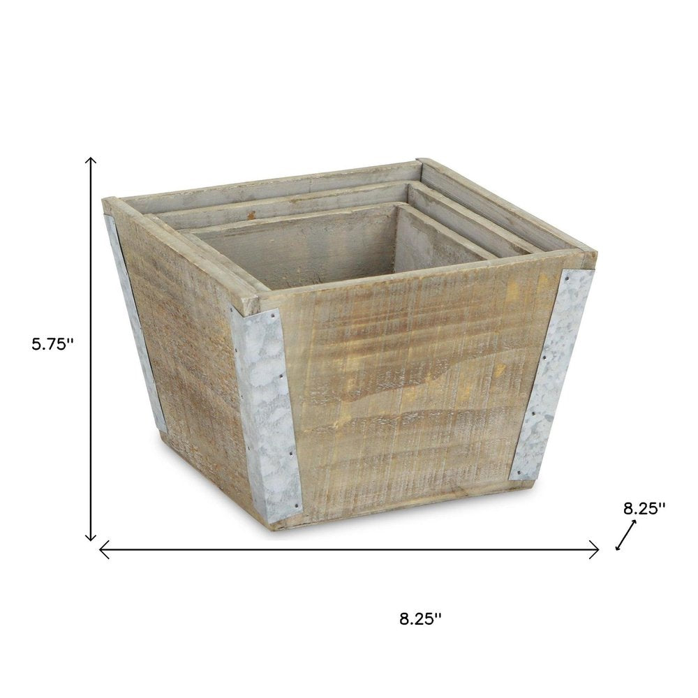 Set of Three Natural And Silver Metal And Wood 217 Ounce Square Distressed Planter Boxes on a white background