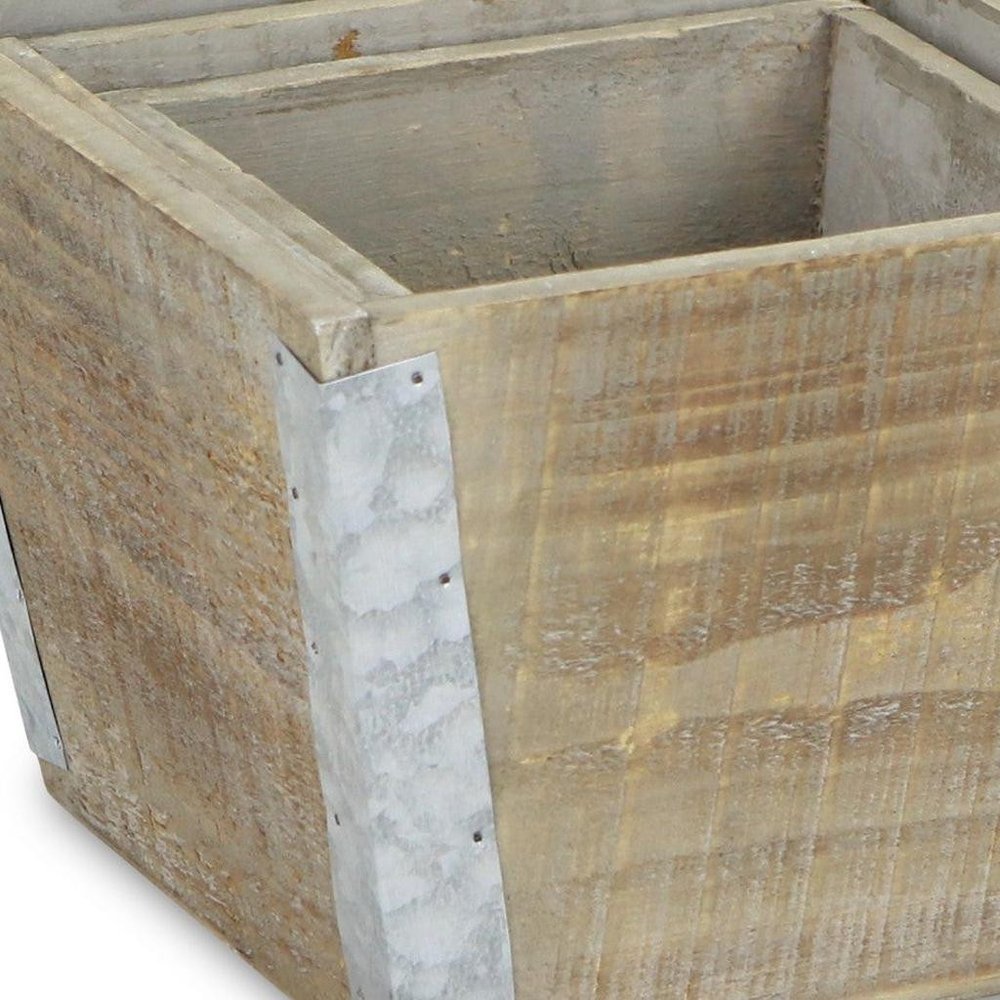 Set of Three Natural And Silver Metal And Wood 217 Ounce Square Distressed Planter Boxes in a home interior